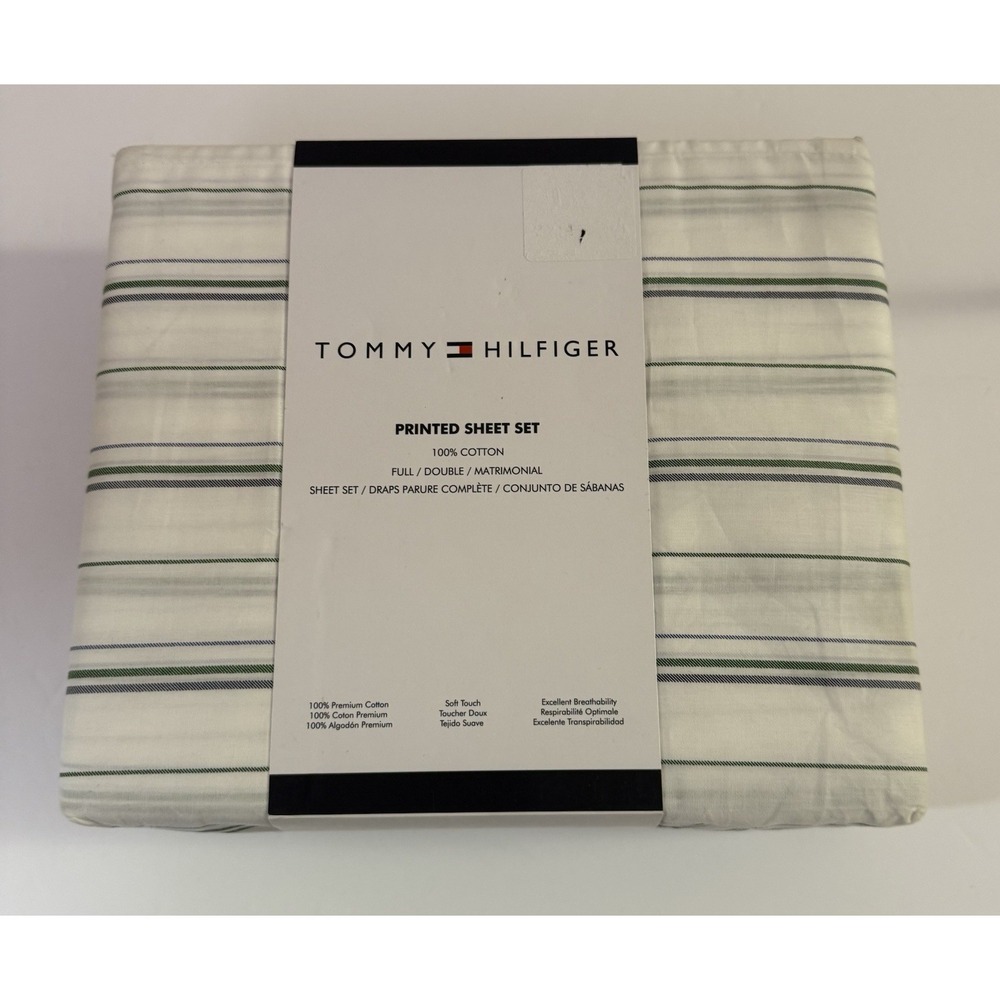 NEW Tommy Hilfiger Green White Stripe  Cotton FULL Sheet Set 4pc